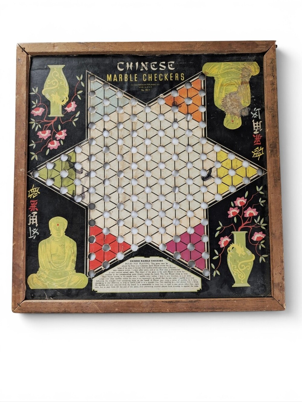 TRUE VINTAGE Chinese Marble Checkers Game Board Marbles Vase Buddha Whitman 1939